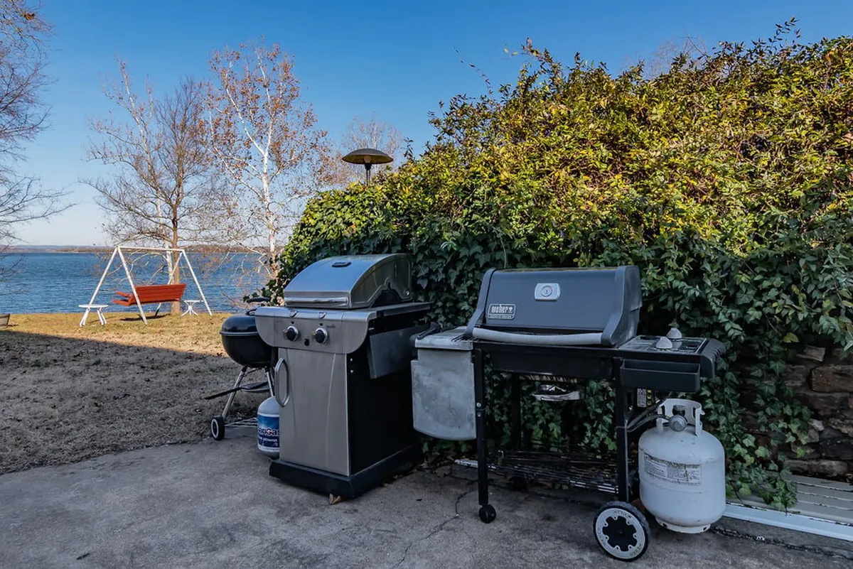A homey lakeside space featuring a grill, a swing overlooking the water, and lush vegetation. The area is set up for a casual barbecue, with space for gathering and enjoying the natural views.